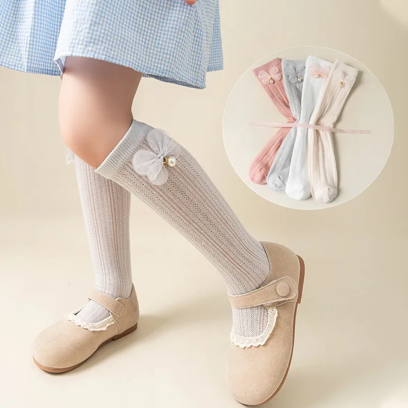 Calcetín para niñas de 3 a 8 años, bonito calcetín de pantorrilla con lazo de dibujos animados para niños, calcetines escolares transpirables de malla fina de verano, accesorios de ropa