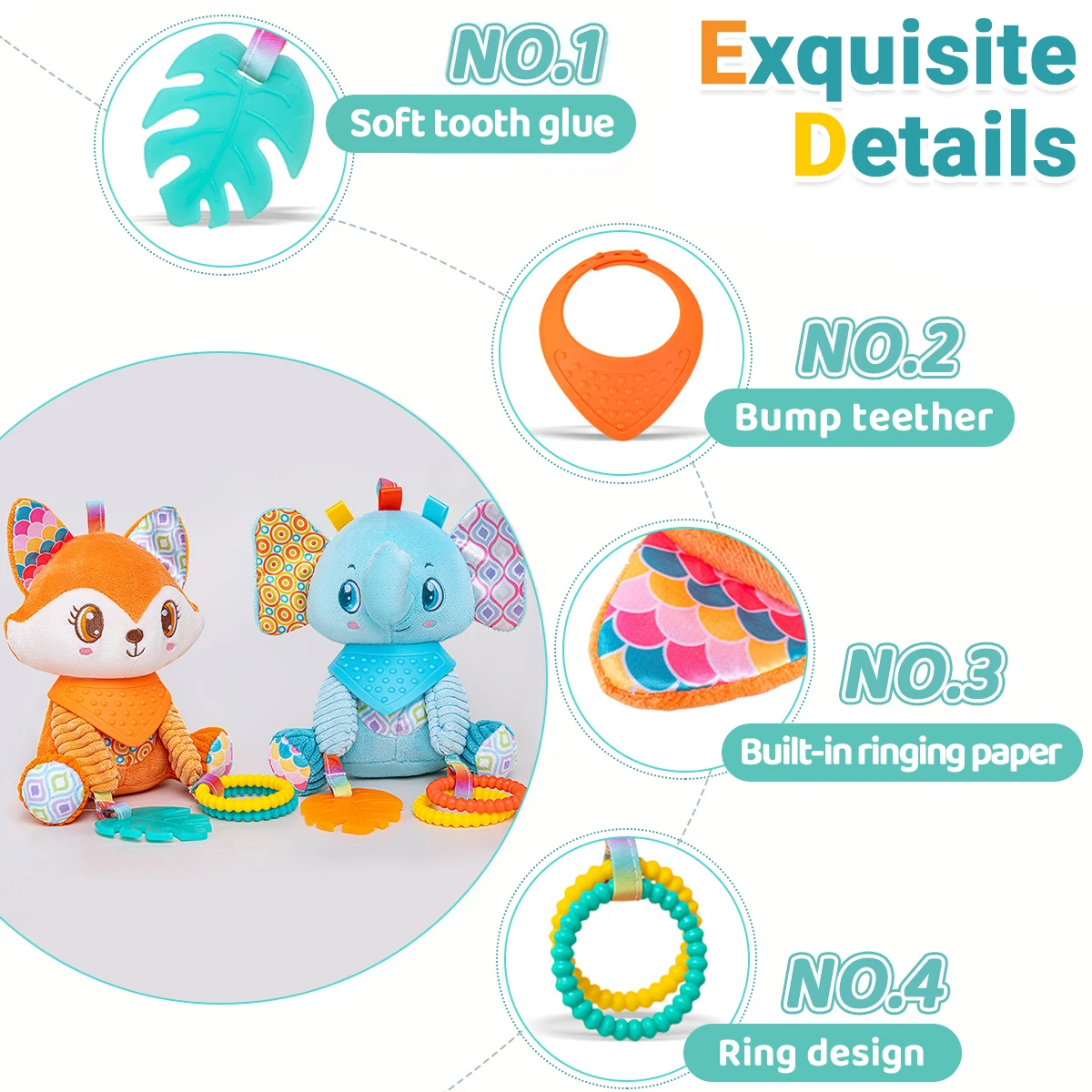 Cochecito de juguete de aprendizaje sensorial arrugado, colgante suave, asiento de coche, cuna, viaje, Animal de peluche, carillón de viento con mordedor para niños y niñas - imagen 4