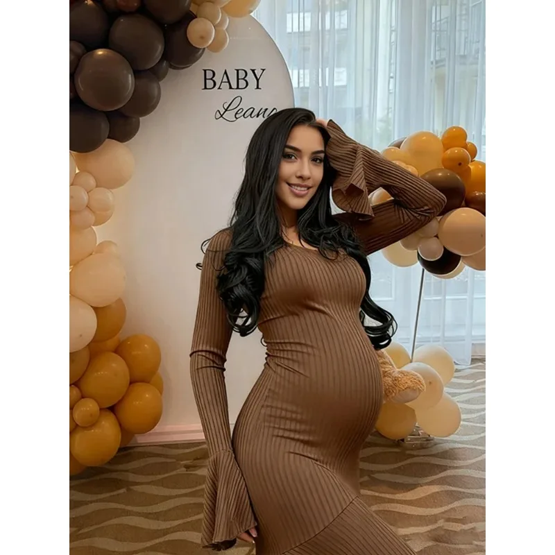 Vestido acanalado de maternidad manga larga para sesión de fotos