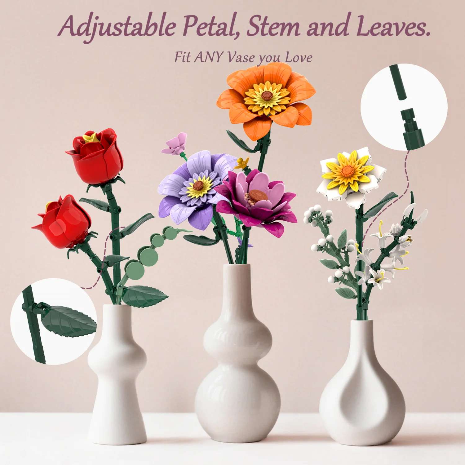 Bloques de construcción de ramo de flores para niños, modelo Floral de ladrillos con adornos de jarrón, decoración del hogar, juguetes DIY, regalos de vacaciones, 1278 Uds. - imagen 4