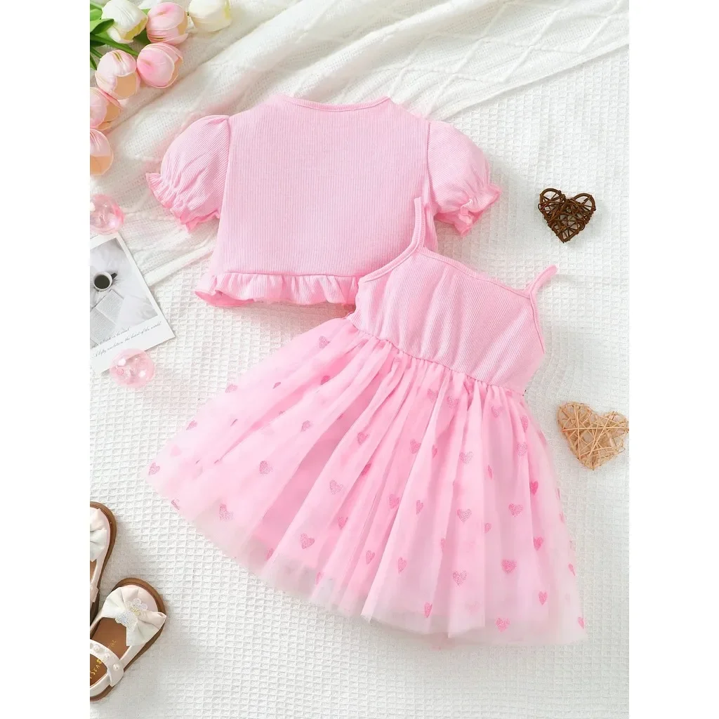 Conjunto de ropa de 2 uds para niña pequeña de 0 a 3 años, cárdigan de manga corta + vestido de malla con cintura de flores y tirantes, trajes diarios dulces para bebé - imagen 5