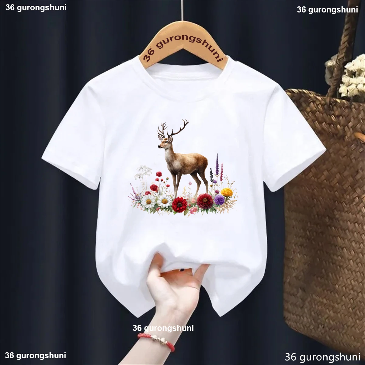 Newest Sika Deer Flowers Animal Printed T Shirt Girls/Boys Harajuku Kawaii Kids Clothes White/Pink/Blue T-Shirt Summer Tops Tee - imagen 4