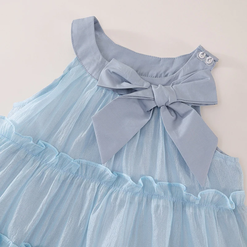 Vestidos de verano para niño niña, moda coreana, bonito lazo de malla azul, vestido de princesa de cumpleaños de lujo para bebé, ropa de Boutique para niños BC2113 - imagen 4