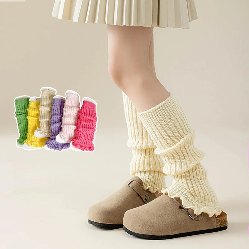 Primavera nuevo Color caramelo niñas calentadores de piernas de punto calcetines con volantes puños calcetines de pierna de moda antideslizantes calcetines lindos juguetones para niñas - imagen 2