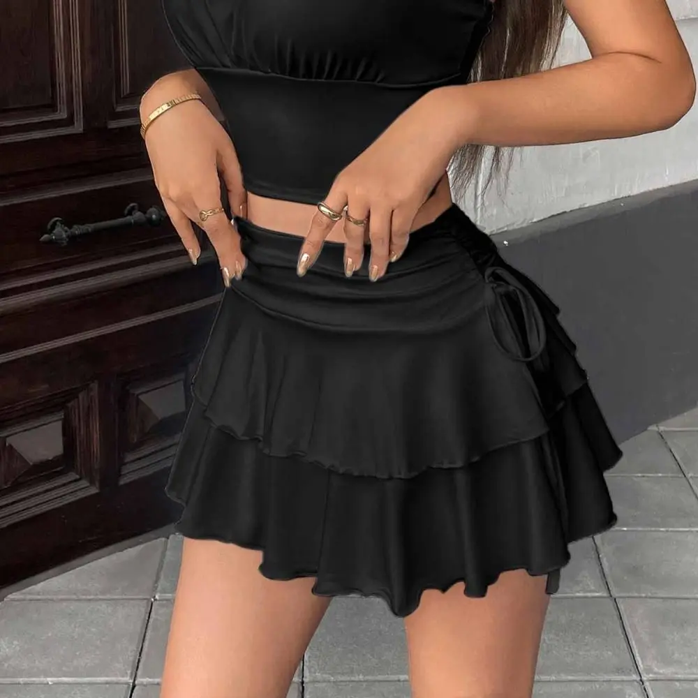 Minifalda de niña acampanada pastel con cordones y volante plisado - imagen 3