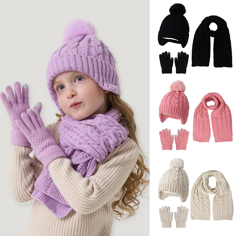 3Pcs Winter Children Hat Gloves Scarf Set Plus Velvet Thickened Boys Hats Outdoor Ear Protection Beanie Kids Warmer Accessories