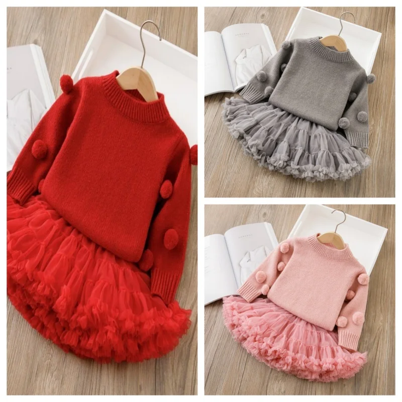 Conjunto de jersey y falda abullonada para niña otoño invierno
