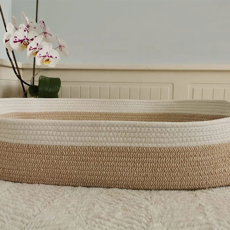 Cesta para cambiar pañales de bebé, cuerda de algodón tejida, cesta para dormir para bebé, cama de viaje plegable con cuerda de algodón para cambiar pañales con almohadilla - imagen 3