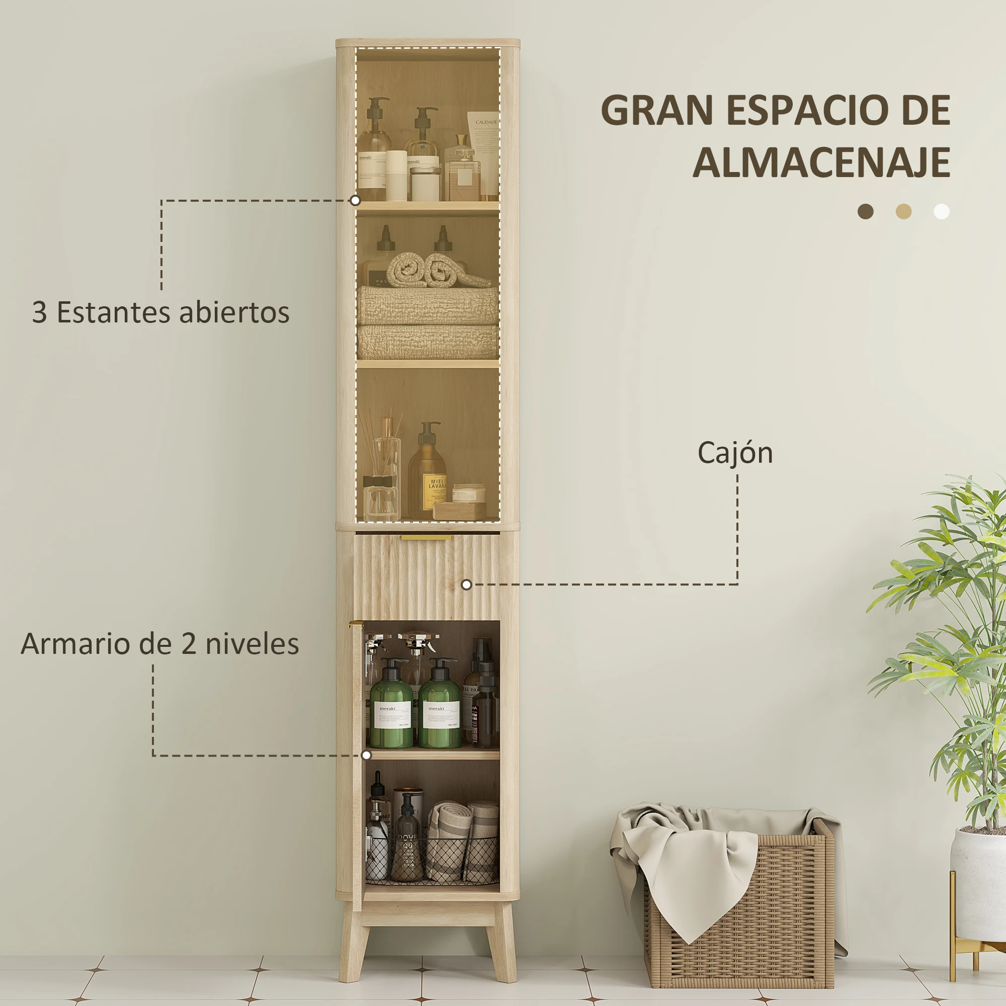 HOMCOM Mueble de Baño Estrecho Columna de Baño con Puerta de Acanalado Cajón 3 Compartimentos Abiertos y Estantes Ajustables 33x30x170 cm Natural - imagen 4