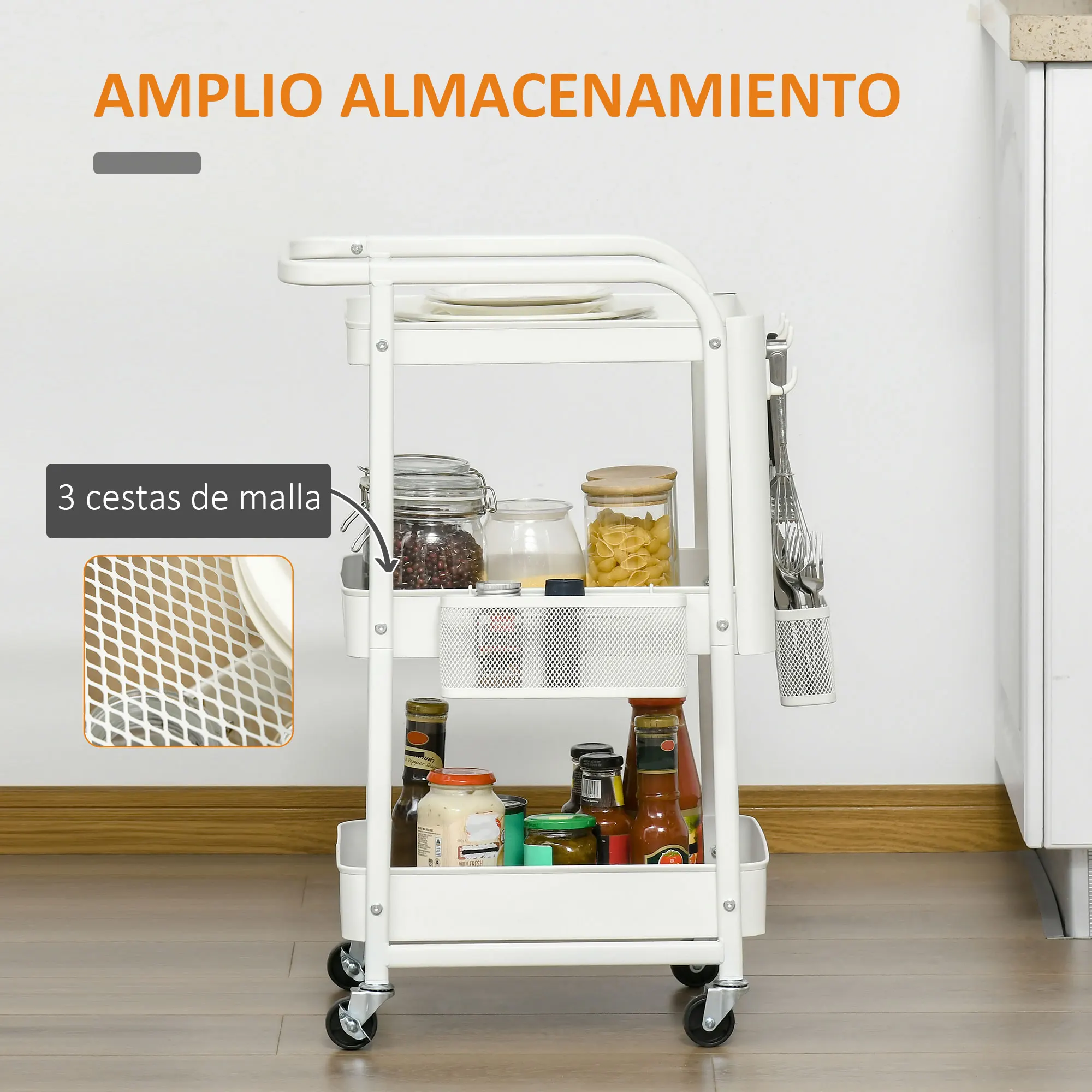 HOMCOM Carrito de Cocina con Ruedas Carro de Almacenamiento de 3 Niveles 4 Ganchos Asa 2 Cestas Colgantes y Frenos para Baño Salón Dormitorio 51,5x32x75,6 cm Negro - imagen 4