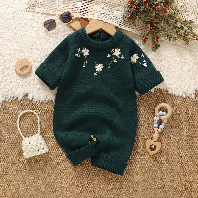 Romper floral verde de punto para bebé niña – Manga larga - imagen 3
