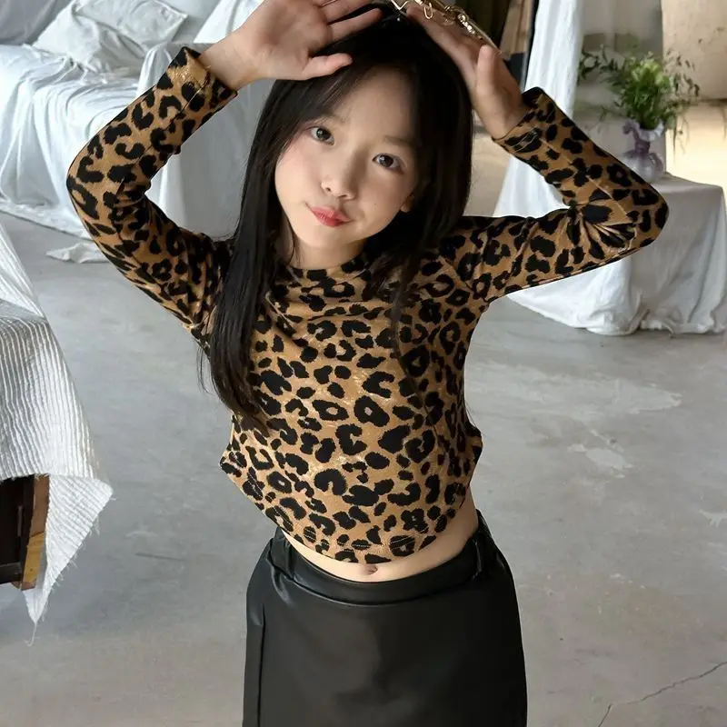 Camiseta corta con estampado de leopardo para niña, camisa básica de manga larga a la moda, Top versátil dulce y fresco, suave y agradable para la piel, otoño - imagen 3