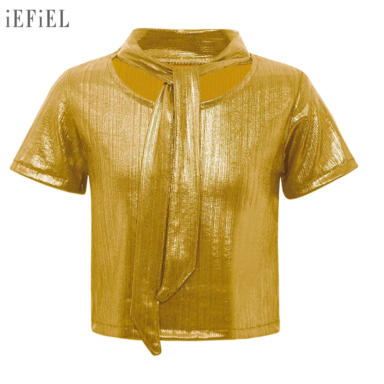 Tops de baile de Jazz para niñas, Top corto acanalado metálico, camiseta de manga corta con cordones para ropa de calle de Hip-Hop, puesta en escena de baile