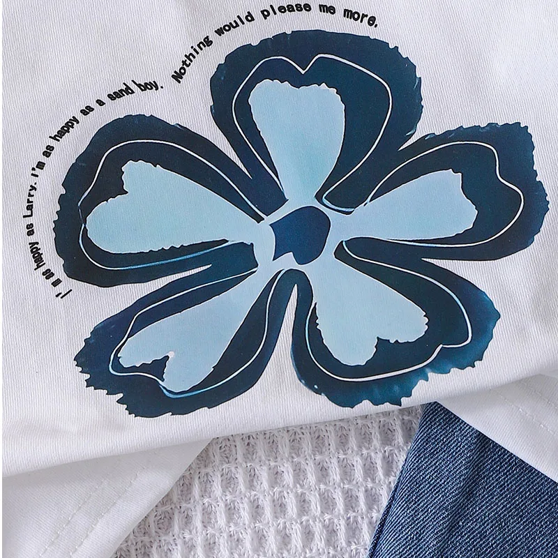 Conjuntos de 2 piezas de ropa de verano para niño niña, moda coreana, Tops de algodón de manga corta con flores para bebé + pantalones vaqueros, ropa de Boutique para niños B133 - imagen 4