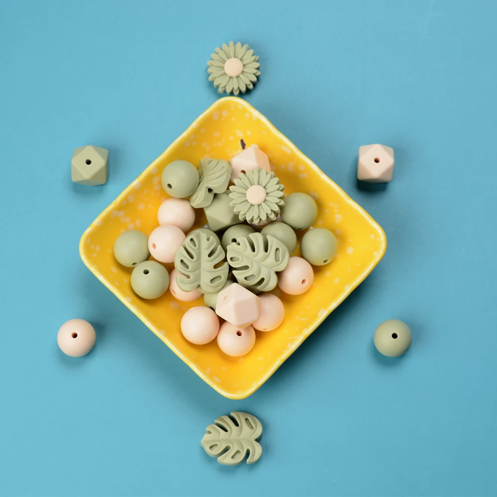 LOFCA-Cuentas de silicona para dentición de bebé, collar de flores y hojas, cadena de chupete, mordedor Circular de grado alimenticio - imagen 3