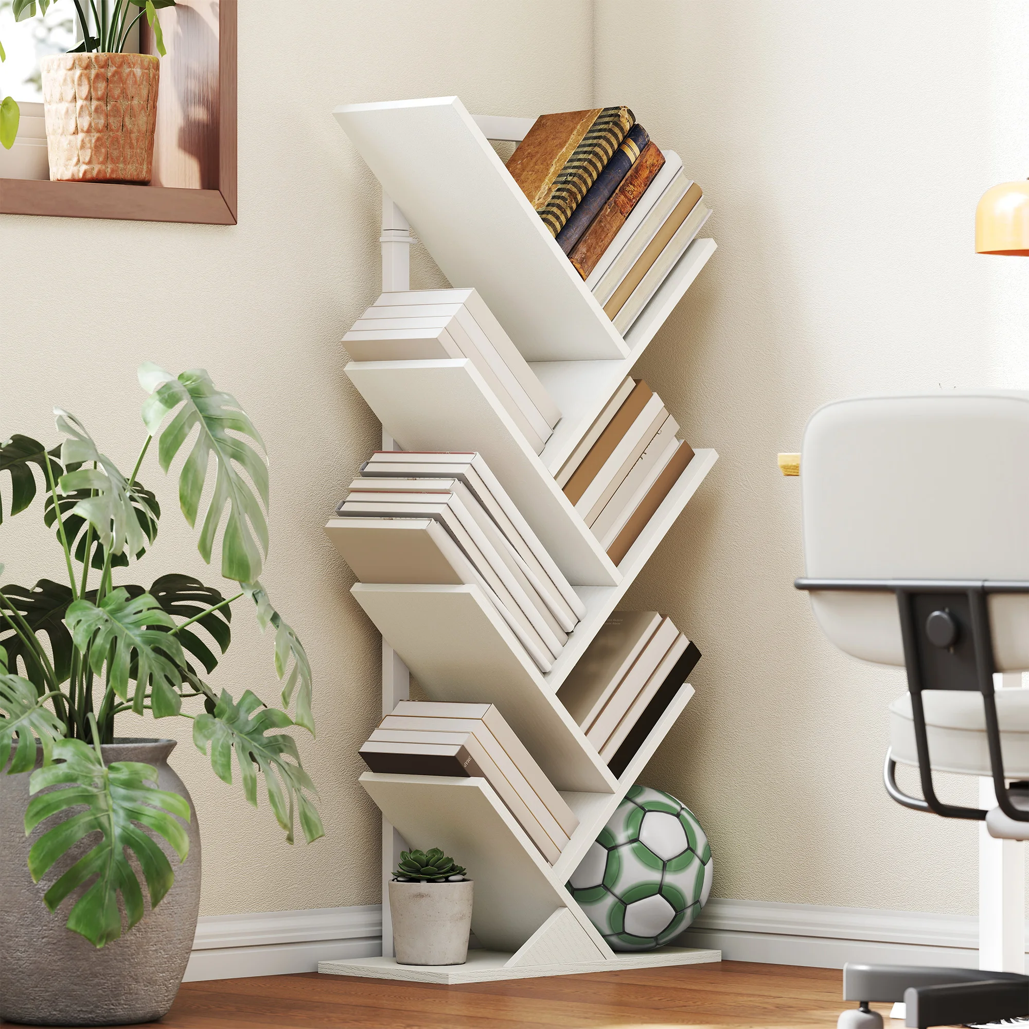 HOMCOM Librería en Forma de Árbol de 7 Niveles Estantería de Libros con 7 Estantes y Estructura de Acero para Sala de Estar Oficina Estudio Dormitorio 50x24x109 cm Blanco