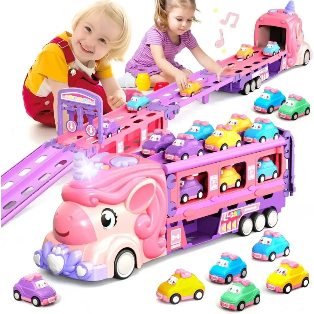Coche de juguete para niña pequeña, camión de unicornio, pista de carreras plegable con luz y sonido, potencia de fricción, coche de princesa, regalo de cumpleaños para chico