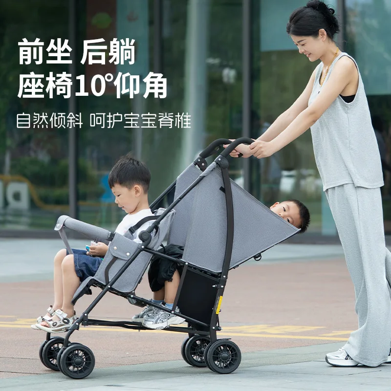 Venta al por mayor Cochecitos de bebé gemelos Asientos dobles Asientos delanteros y traseros Plegables livianos Adecuado para segunda niño - imagen 3