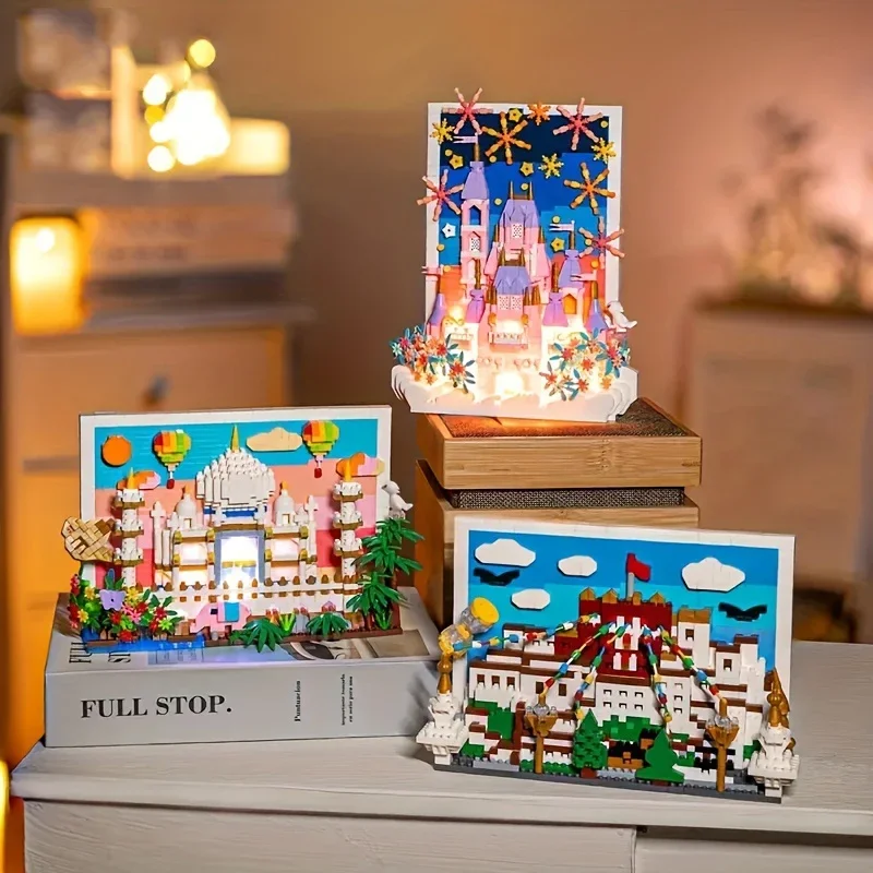 Bloques de construcción de castillo rosa, construcción de postales 3D, bloques de modelismo, decoración creativa de escritorio, regalos de vacaciones para niños - imagen 2