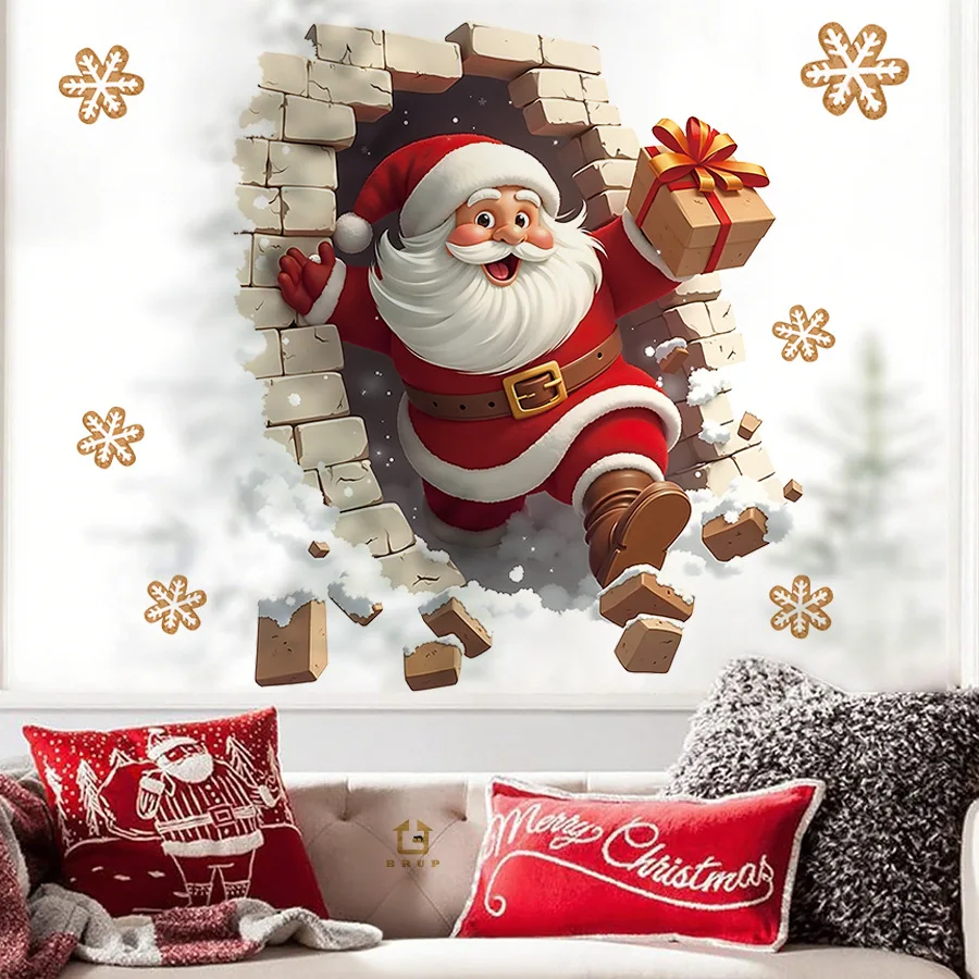 Pegatinas de pared autoadhesivas 3D para regalo de Papá Noel en la nieve, decoración navideña, pegatinas de pared para el hogar