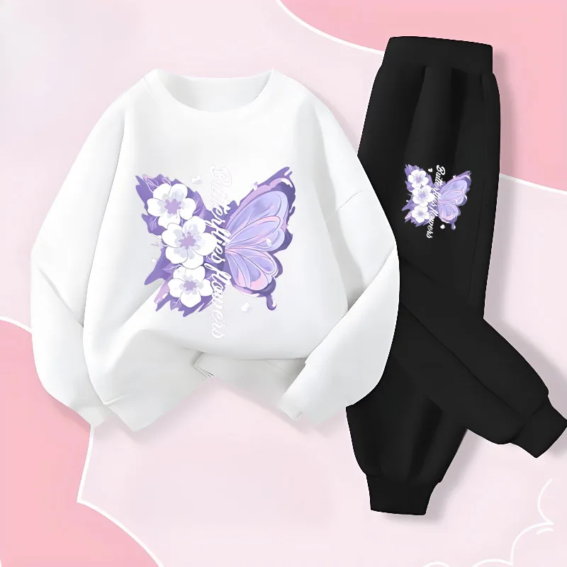 Conjuntos de dos piezas de pantalones largos de manga larga para niñas, sudaderas con capucha con estampado de mariposas elegantes, traje, trajes para niños, chándal, primavera - imagen 3