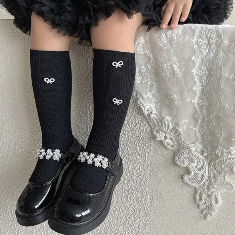 Calcetines de algodón hasta la rodilla para niñas – Lazo blanco perla - imagen 5
