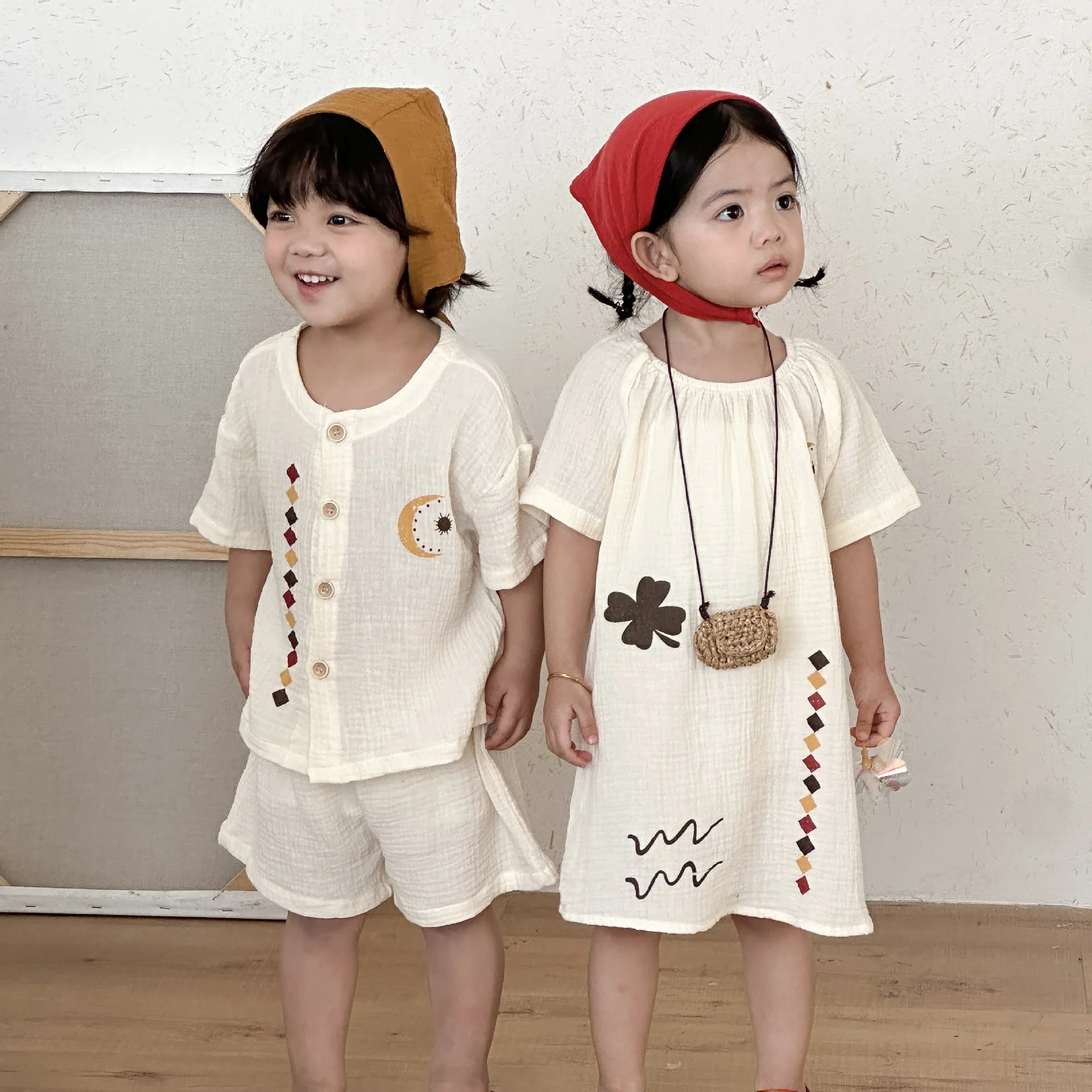 Ropa de verano para niños, conjunto de ropa de algodón puro para niños, vestido transpirable para niñas, ropa para hermanos y hermanas, 2026 - imagen 2