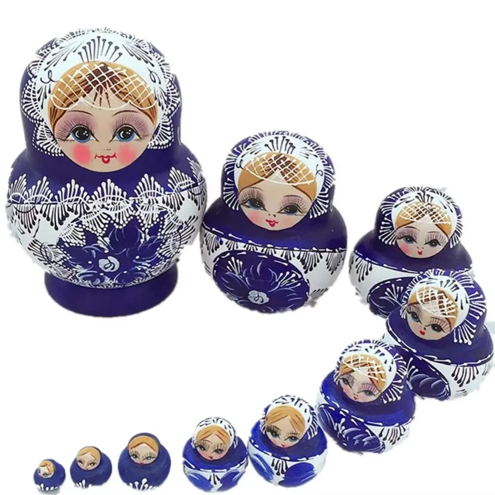 Muñecas rusas de madera hechas a mano apilables estampado floral azul - imagen 3