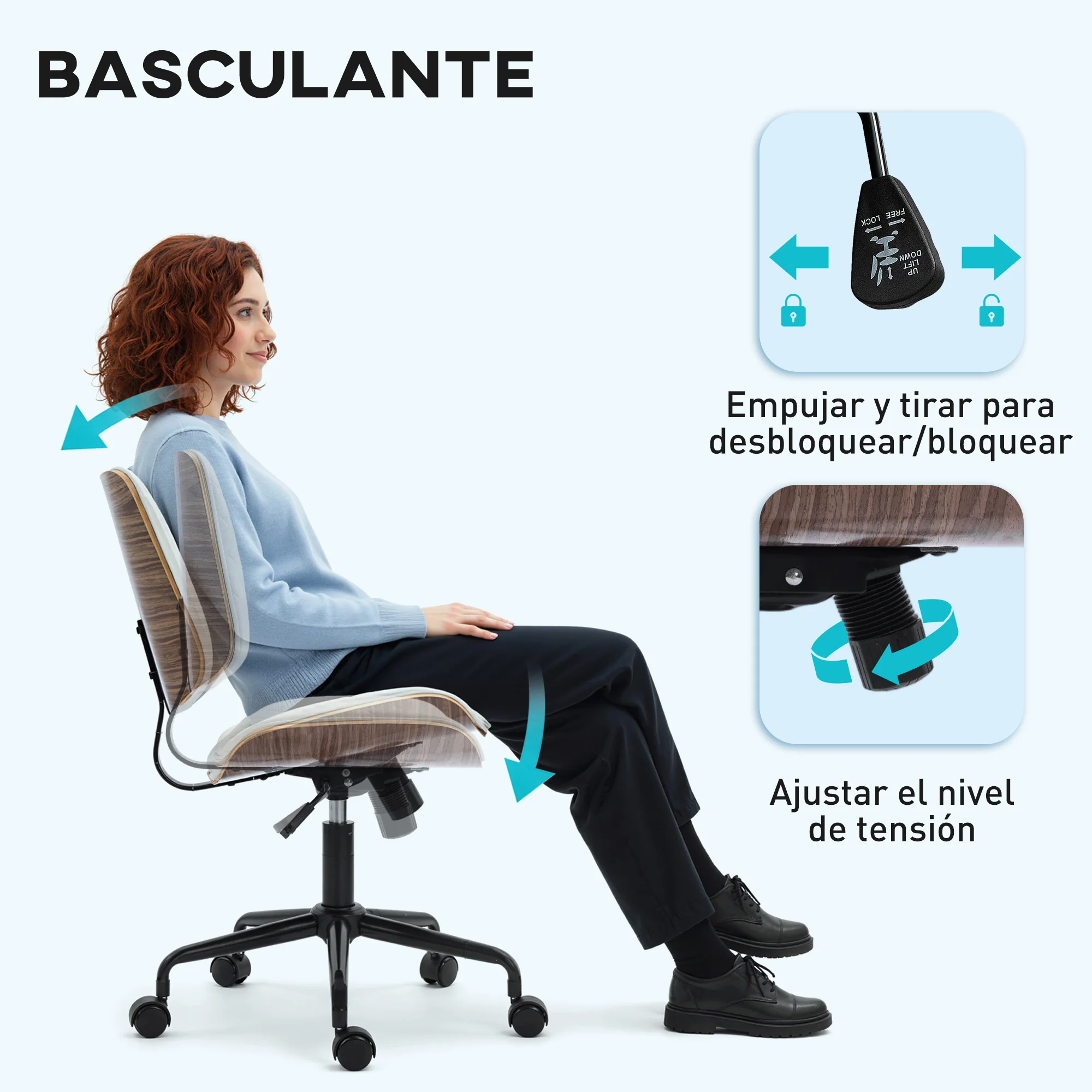 HOMCOM Silla de Escritorio sin Brazos, Silla de Oficina Giratoria, Tapizada en Cuero Sintético, con Respaldo Curvado, Asiento Forma U, Altura Ajustable, Basculante, Blanco - imagen 5