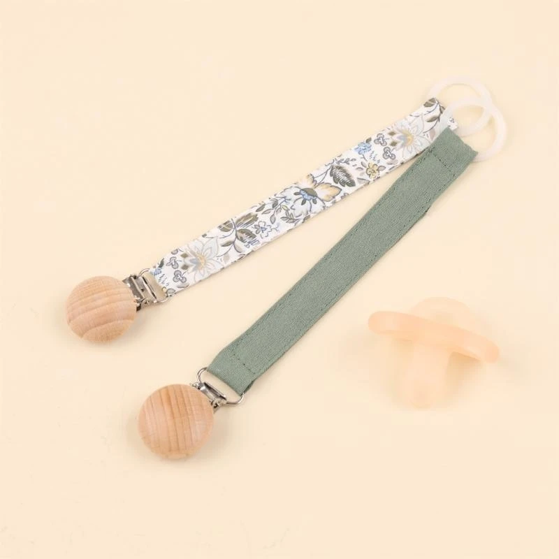 M76C 2 uds Cadena chupete algodón + madera soporte con pinza para chupete Correa niños pequeños colgante para cuna chupete - imagen 3