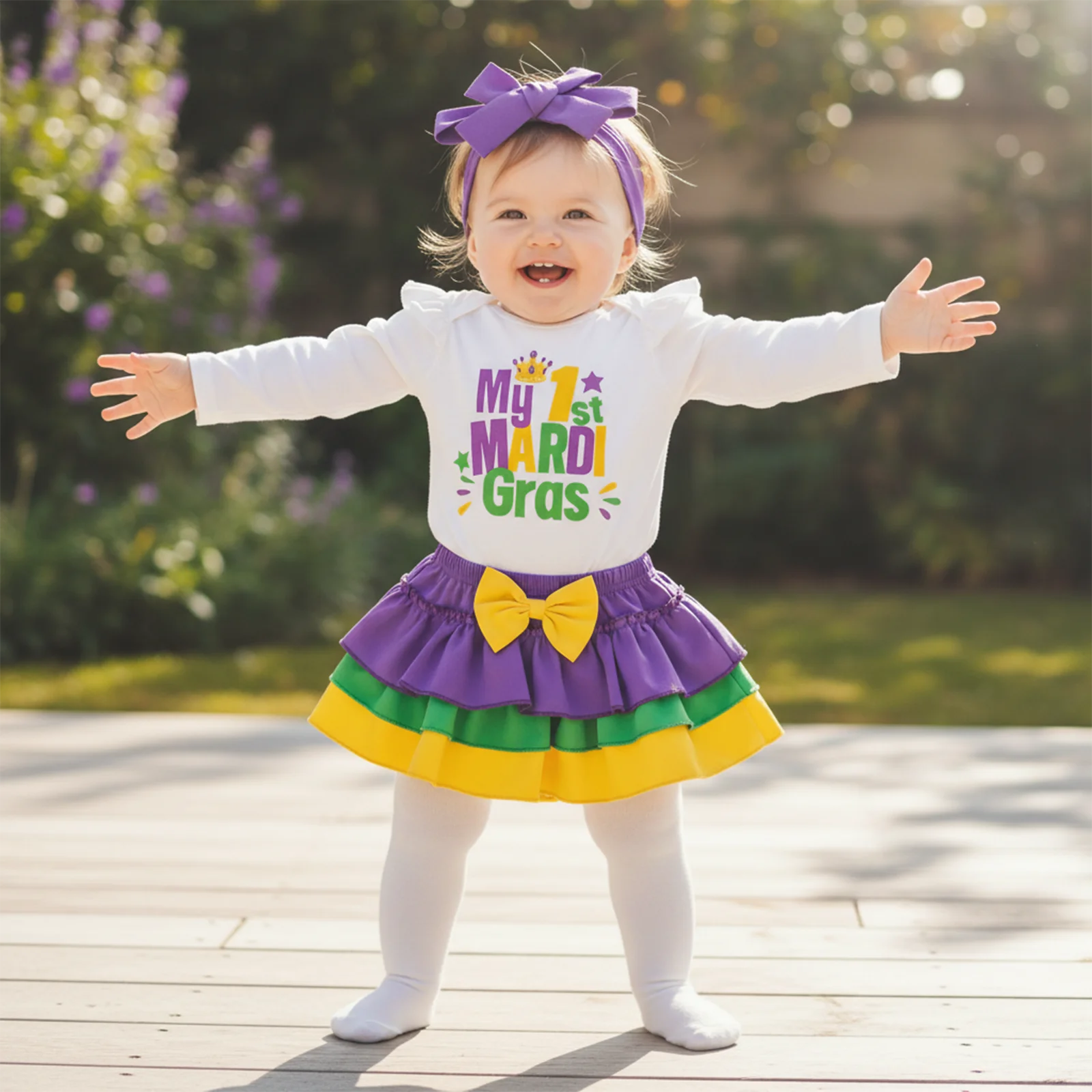 SUNSIOM Conjunto de 3 piezas de mameluco de manga larga con letras de Mardi Gras para niña, falda con gradas y diadema con lazo - imagen 4