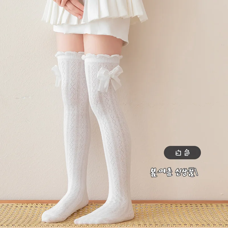 1 par de calcetines hasta la rodilla de algodón suave de verano para niños y niñas, mallas con volantes y lazo a la moda, calcetín escolar fino y transpirable - imagen 5