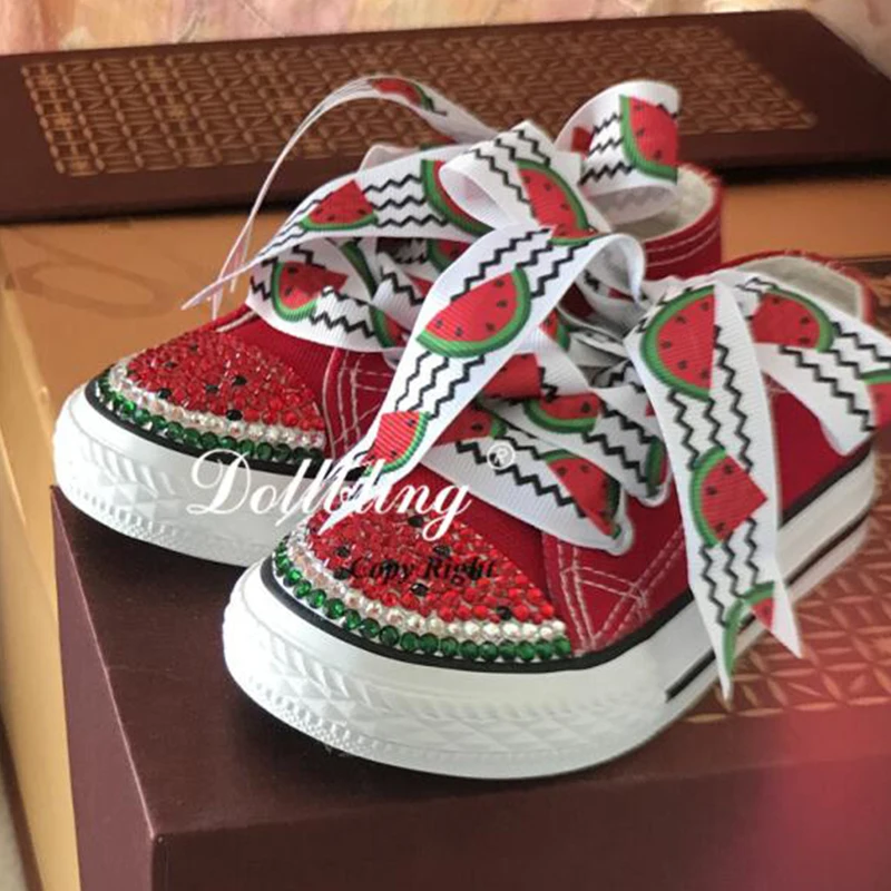 Chaussure en toile personnalisée faite à la main pastèque basse toile éclairer chaussures plates décontractées enfants cristal fille garçons baskets - imagen 4