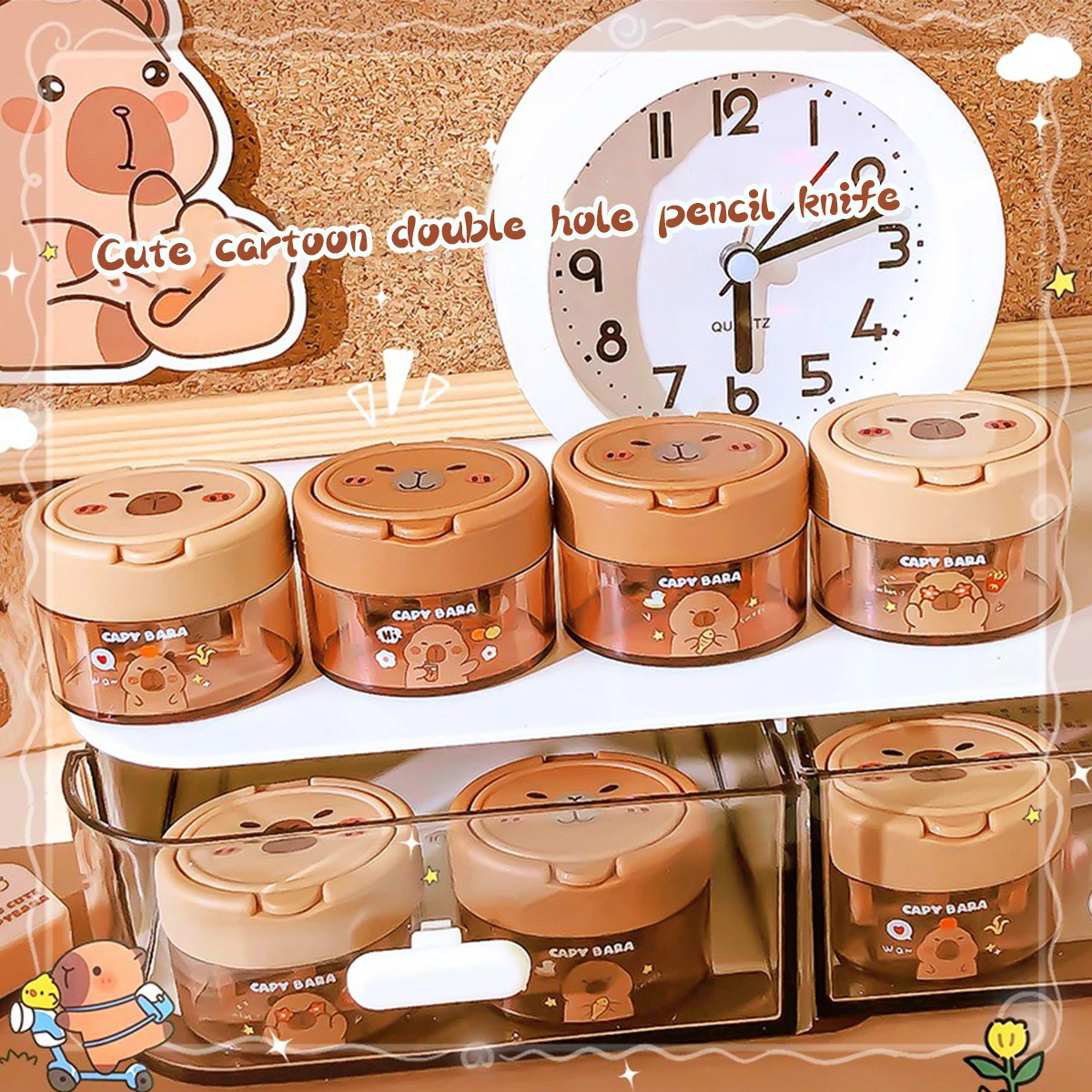 Sacapuntas de doble agujero con tapa abatible de dibujos animados de capibara para niños, Mini sacapuntas compacto portátil, suministros escolares, herramienta de aprendizaje - imagen 4