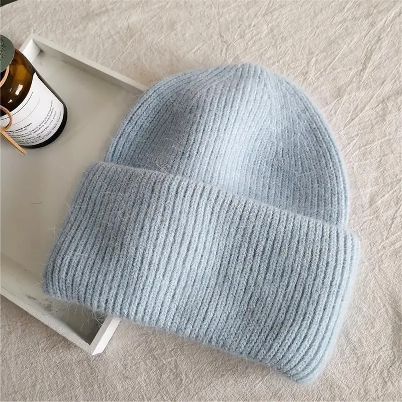 Gorro de punto de doble pliegue de pelo de conejo largo de Angora con diamantes de imitación de lujo ligero, gorro con orejeras cálido para clima frío de invierno, versátil para mujer