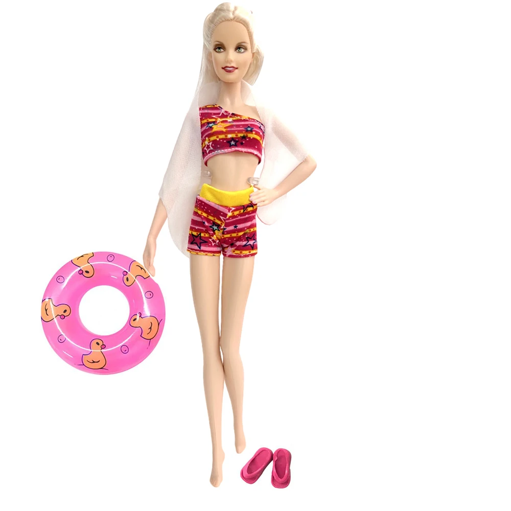 NK oficial 3 unids/set traje de baño Bikini ropa de playa + 1x anillo de natación aleatorio + 1x zapatillas traje de baño para ropa de muñeca 1/6 - imagen 3