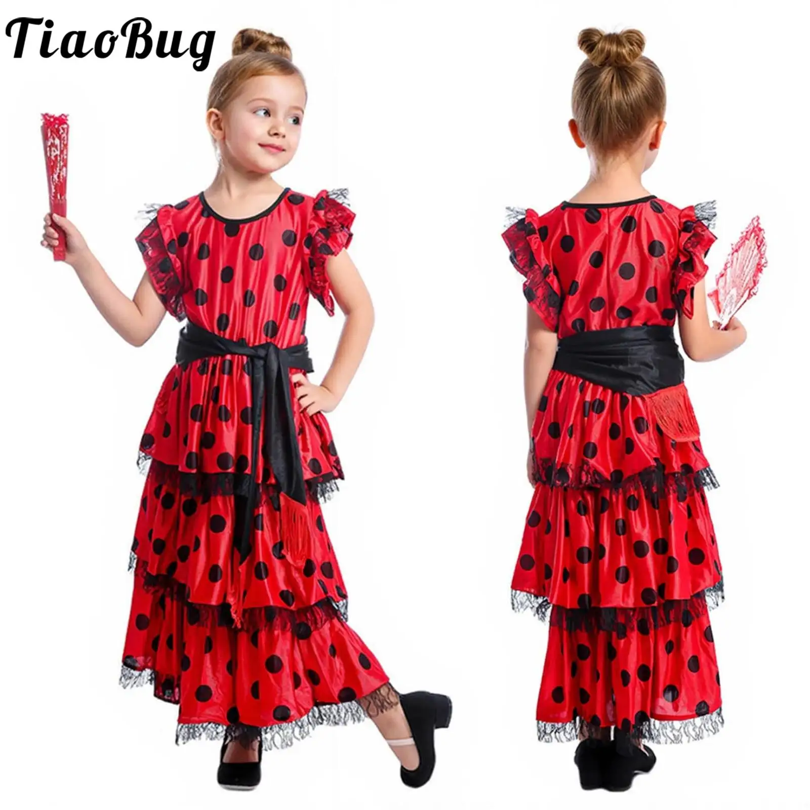 Vestido flamenco de niña con encaje, lunares y volantes con cinturón