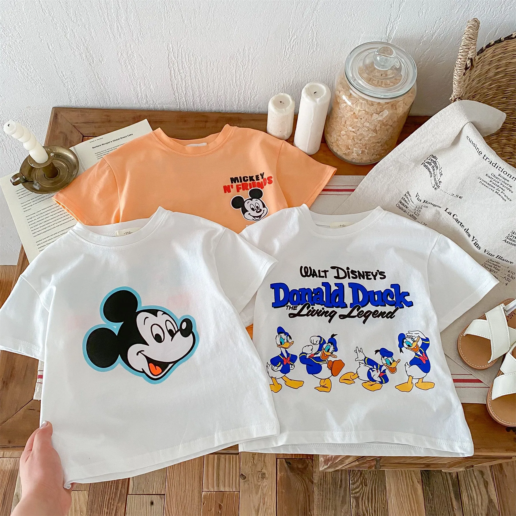 Camiseta de dibujos animados de Mickey de Disney para niños, Tops sueltos, ropa de moda para niños, camisetas de manga corta informales finas, ropa para niños