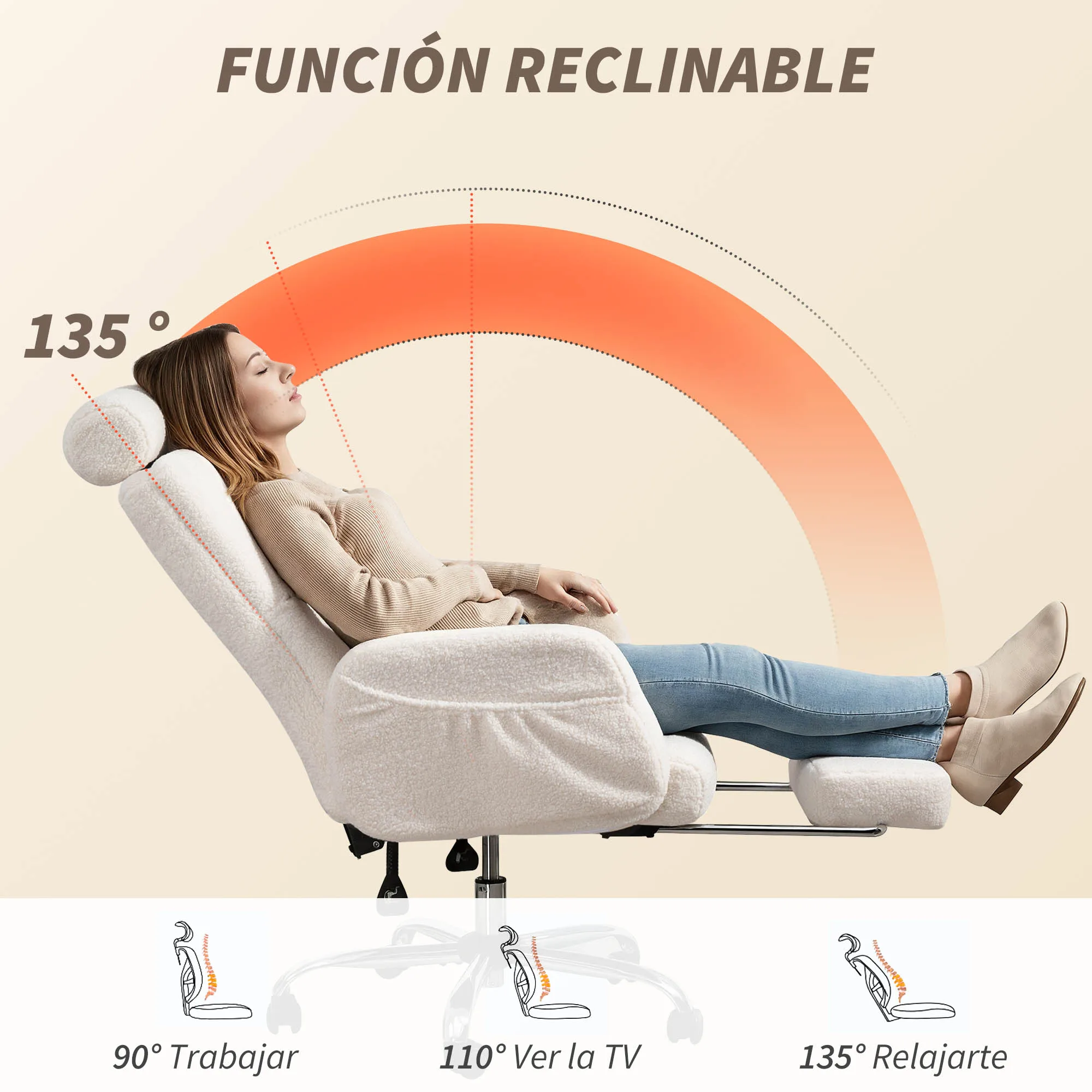 HOMCOM Silla de Escritorio con Reposapiés Tapizada en Borreguito Silla de Oficina con Respaldo Reclinable Reposacabezas Ajustable Respaldo Alto Altura Ajustable Crema - imagen 5