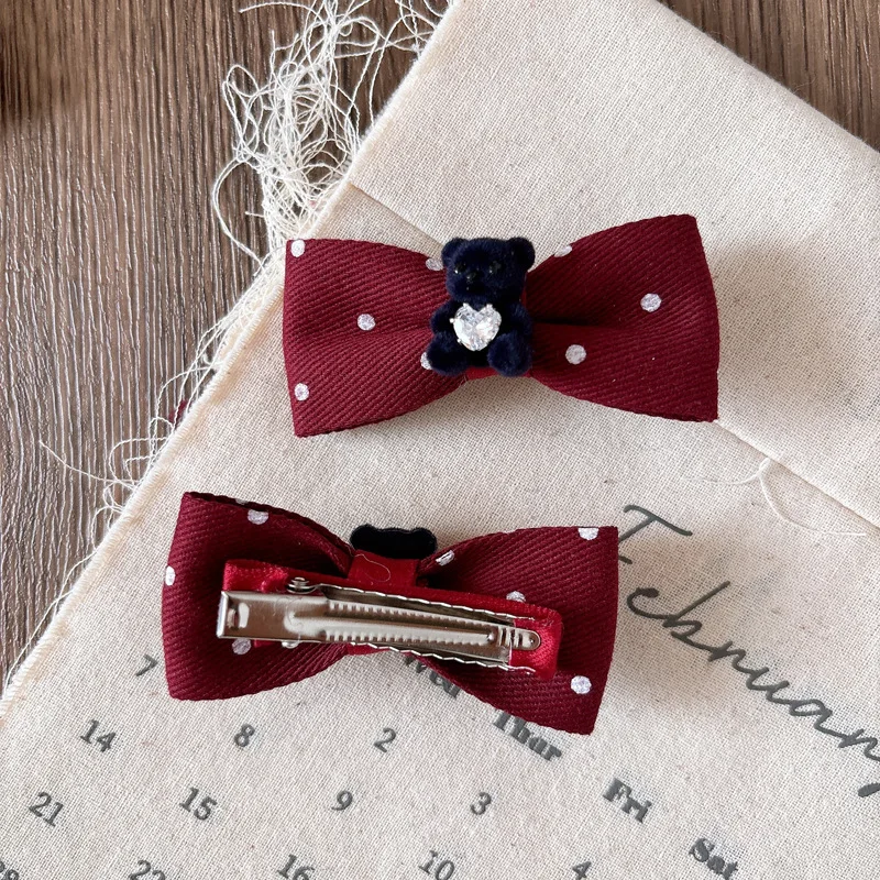 Korean Polka Dot Hair Clips for Girls Bow Flocked Bear Side Hair Clips Set Cute Children's Hair Accessories Non-Slip Grip Clips - imagen 4