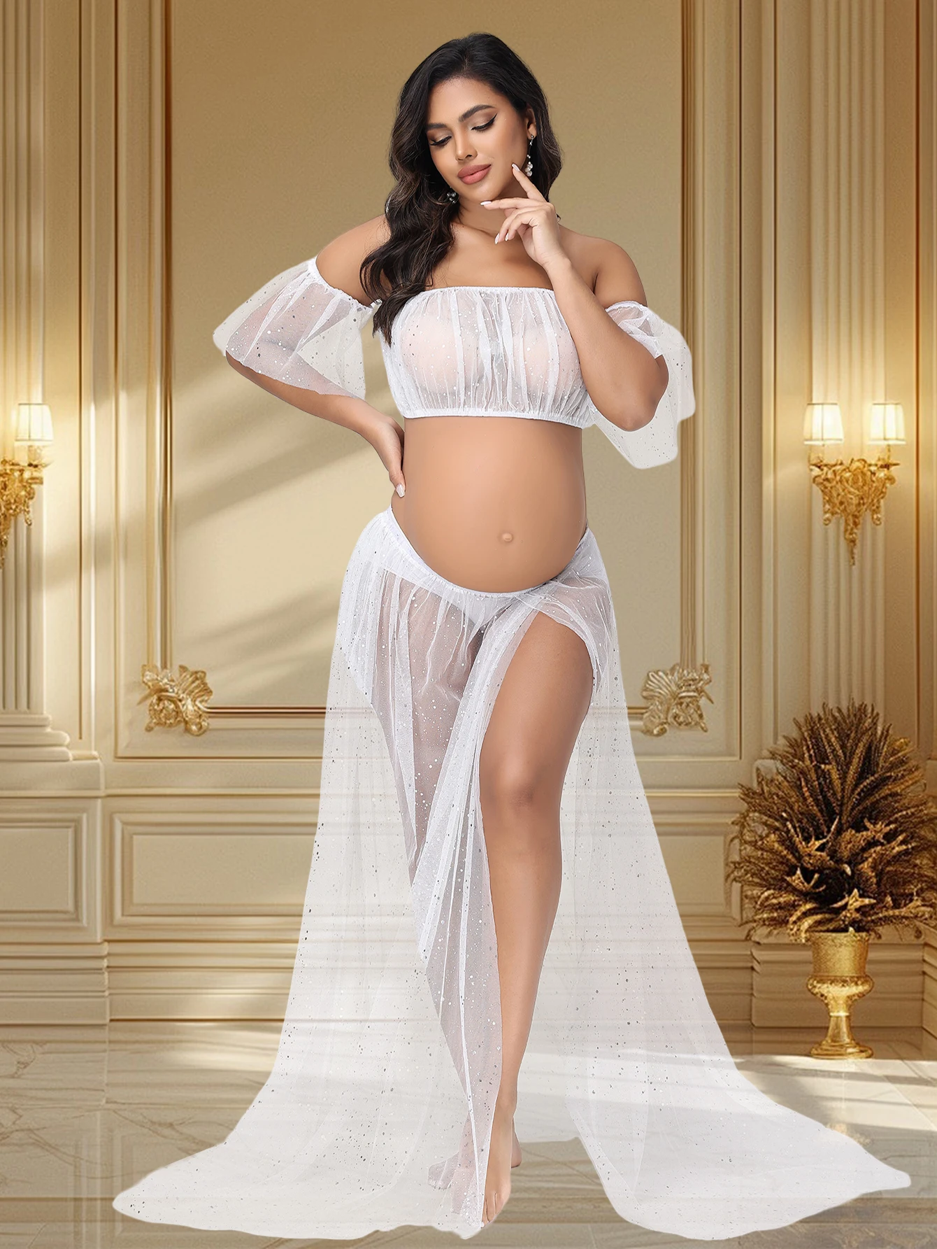 Vestido transparente con lentejuelas plateadas para fotos de embarazo - imagen 3