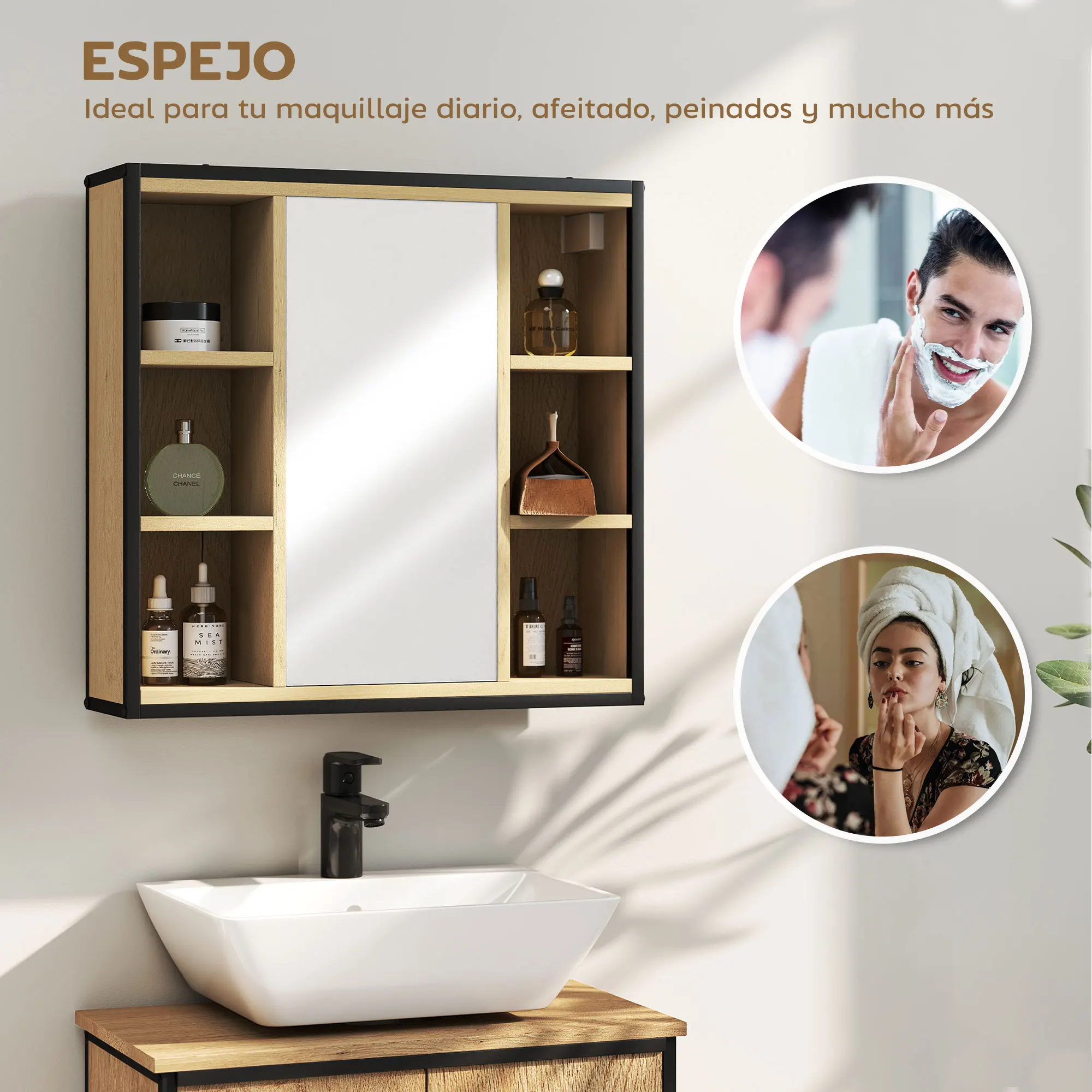 HOMCOM Armario de Baño con Espejo Armario de Pared Mueble de Baño con Estante Ajustable y 6 Compartimentos Abiertos 60x16x58,5 cm Roble - imagen 4