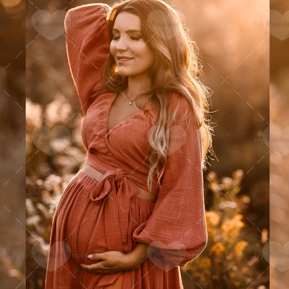 Vestido premamá de lino bohemio para baby shower y fotos - imagen 4