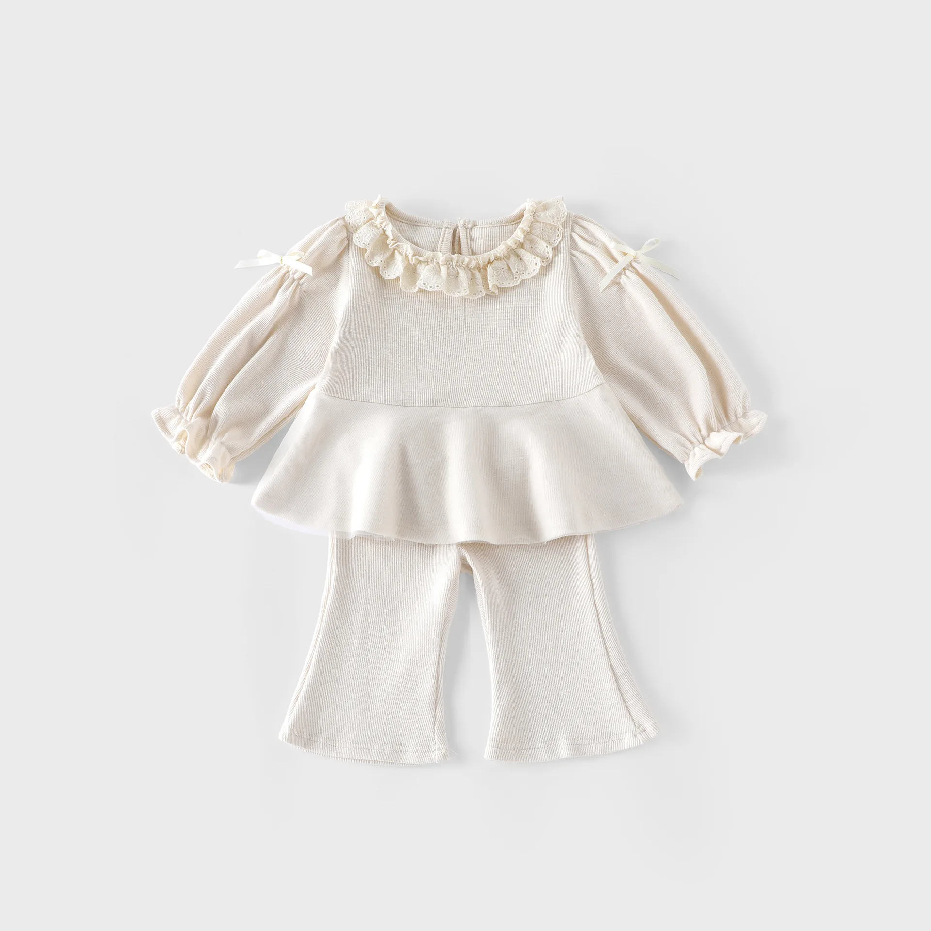 Nuevo conjunto de ropa de otoño para niños, blusa con volantes y lazo de malla y pantalones acampanados, conjunto de ropa para niñas de 2 uds, conjunto para niñas - imagen 5