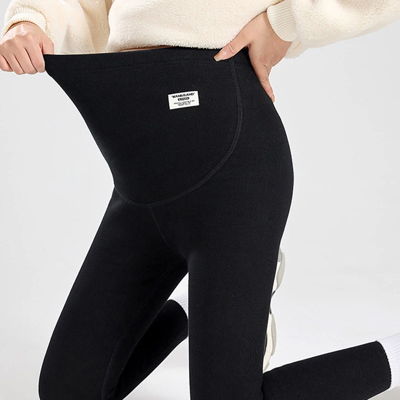 Pantalones de maternidad de talla grande, mallas de maternidad de cintura alta con soporte para el vientre de algodón, pantalones de lana de otoño e invierno para mujeres embarazadas - imagen 4