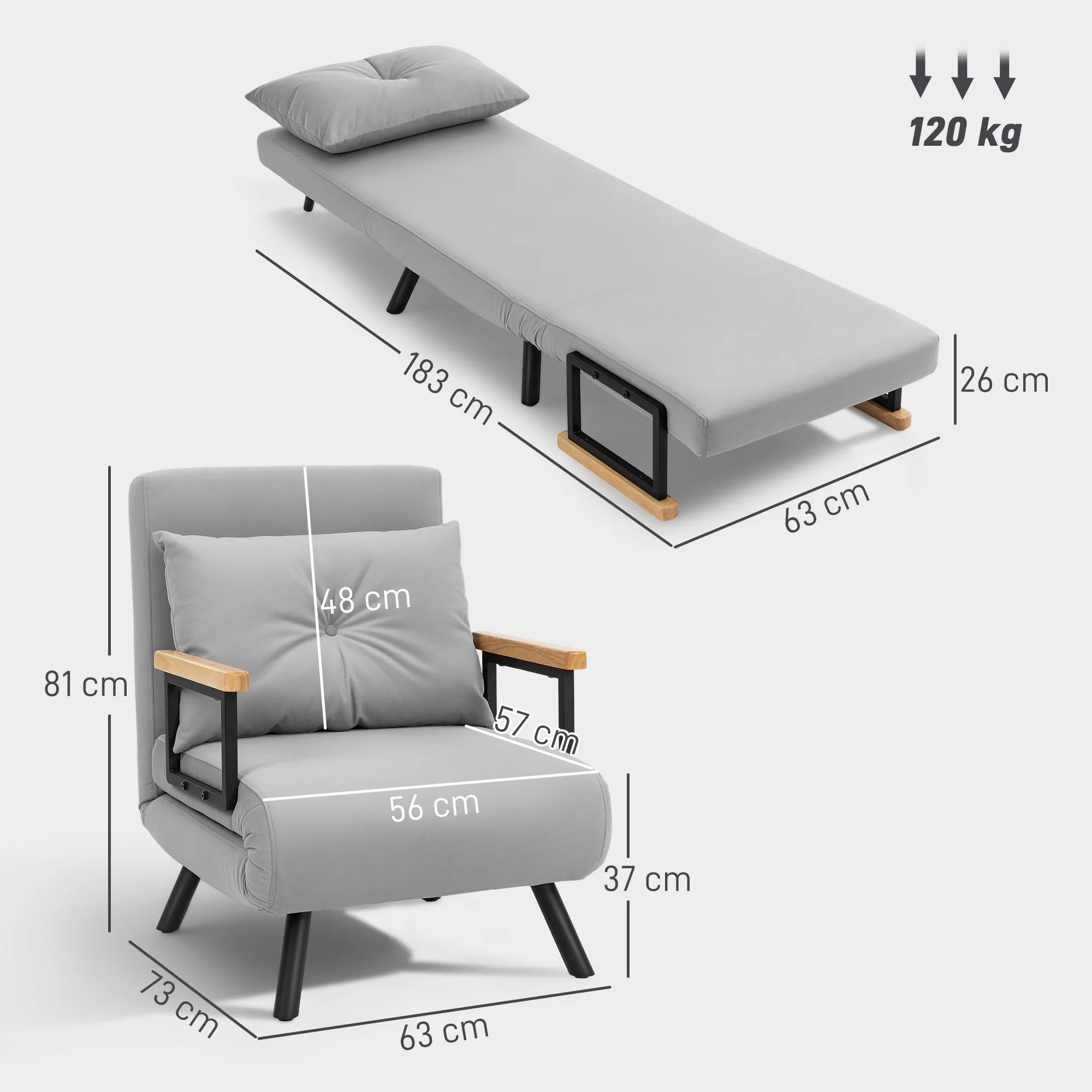 HOMCOM Sofá Cama de 4 en 1, Sofá Cama Plegable Tapizado en Terciopelo con Respaldo Ajustable de 5 Niveles y Almohada Acolchada, para Oficina, Dormitorio, Salón, Gris Claro - imagen 3