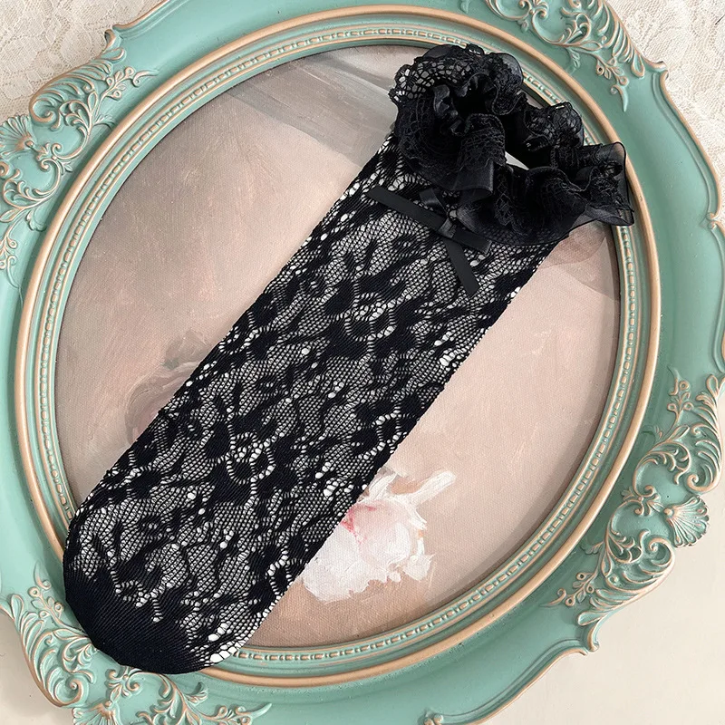 1 par de calcetines de pantorrilla con lazo de encaje japonés para niños y niñas, calcetines finos transpirables con huecos para niños, calcetines de nailon con volantes florales de talla única - imagen 2