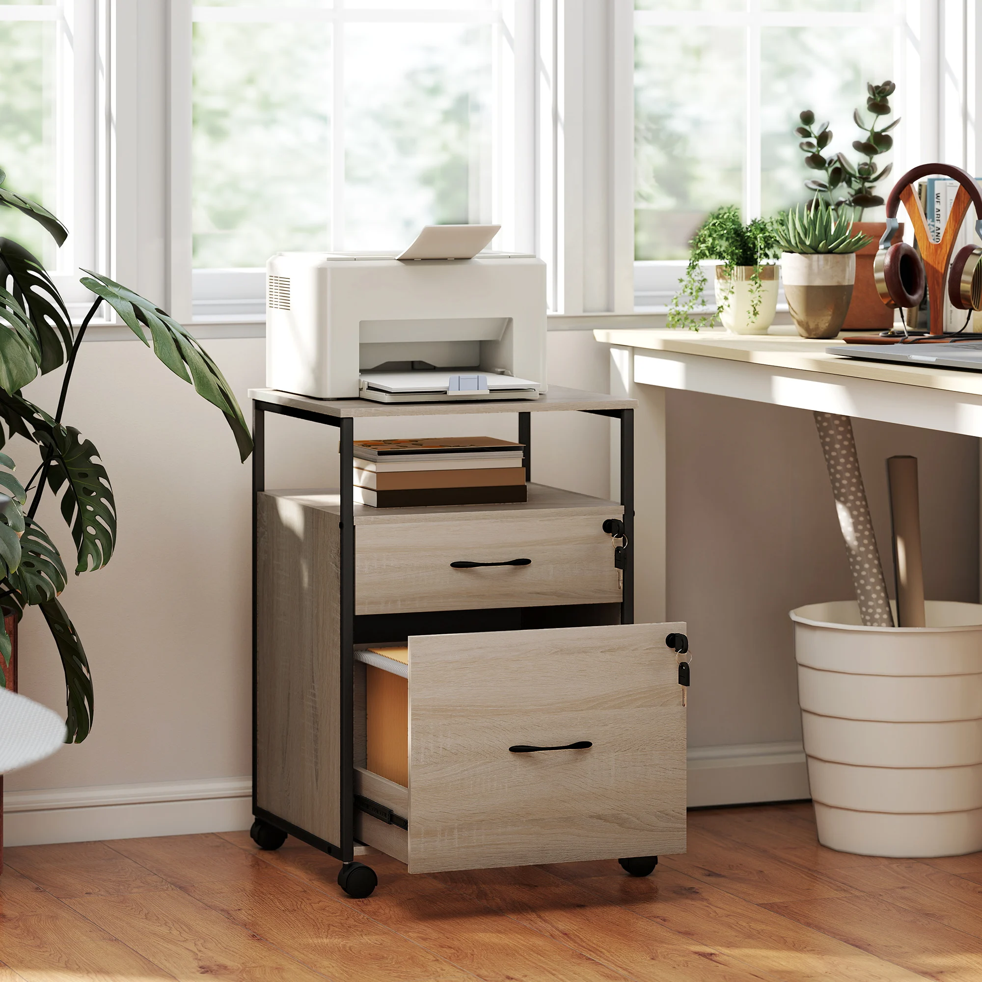 Vinsetto Cajonera de Oficina con 2 Cajones, Cajonera de Escritorio con Ruedas, Barra Colgante, Cerradura y 2 Llaves para A4 Carta, Archivador Móvil para Estudio, 44x40x66,5 cm, Natural