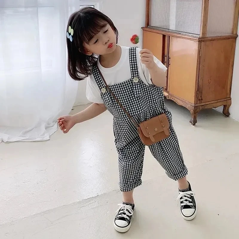 Pantalones a cuadros blancos y negros para niñas, monos para niños, novedad de verano, ropa para niños, peleles informales coreanos para niñas, pantalones finos para bebés - imagen 4