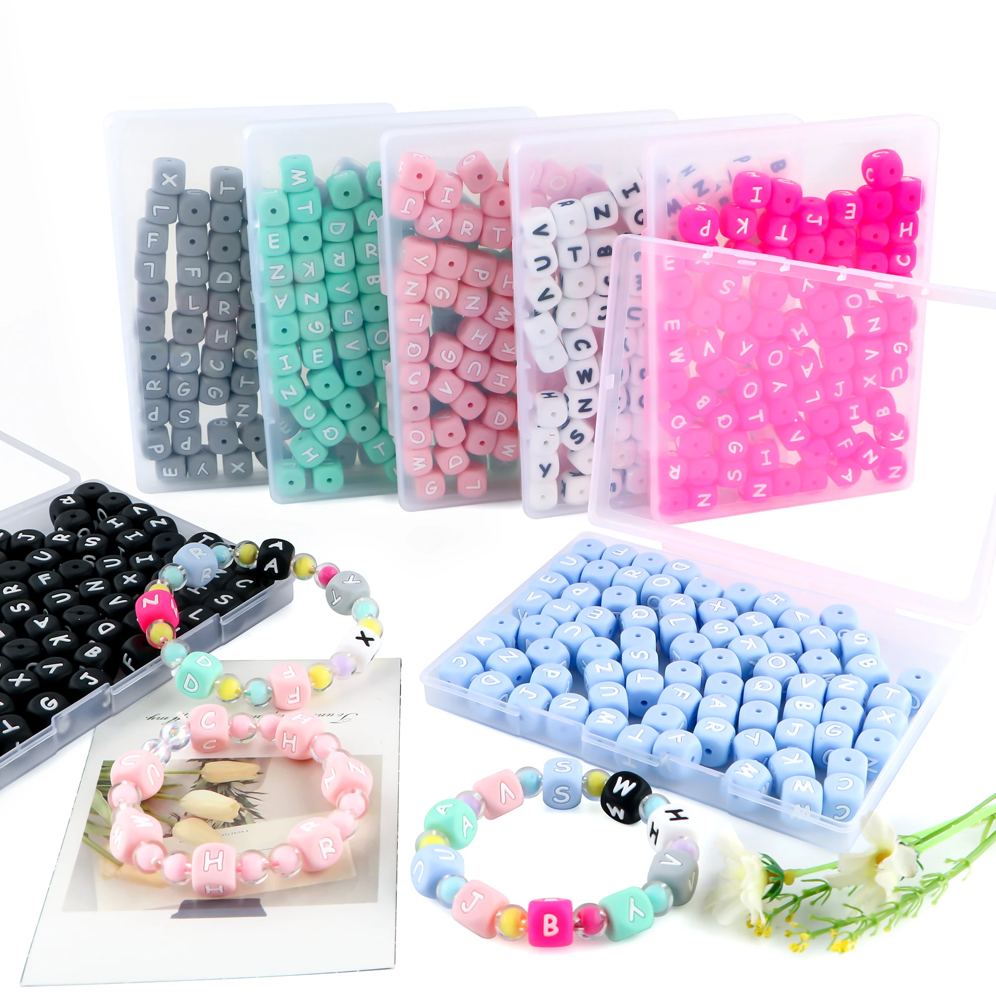 26 Uds azul/gris/rosa/verde/negro/blanco cuadrado 12mm cuentas de letras de silicona para fabricación de joyería DIY pulseras collares Accesorios - imagen 2
